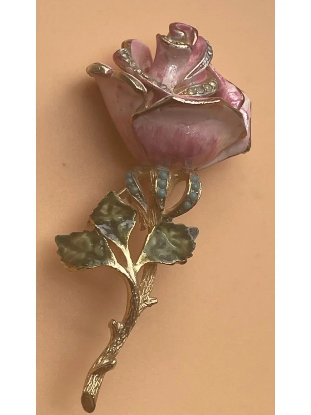 Vtg Signed Coro Enamel Rose Brooch Pink Floral Pin With Rhinestones & Gold-Tone